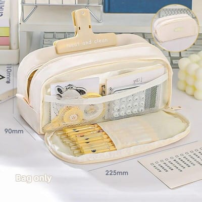 Trousse à crayons élégante et pratique de qualité supérieure avec grande capacité et plusieurs compartiments pour le rangement de la papeterie Trousse scolaire Rentrée des classes Haute Qualité beige