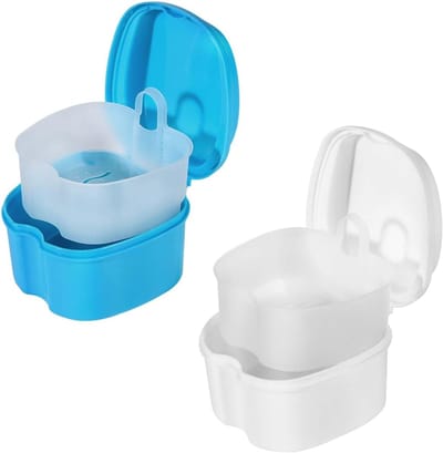 Gebitsbeschermer - Gebitsweekbakje - Opbergdoos - Reinigingsdoos - Opbergdoos voor gebitsprotheses - Geschikt voor het opbergen van gebitsprotheses, beugels en andere gebitsonderdelen - 9*8,5*7 cm - Wit + Lichtblauw - Set van 2