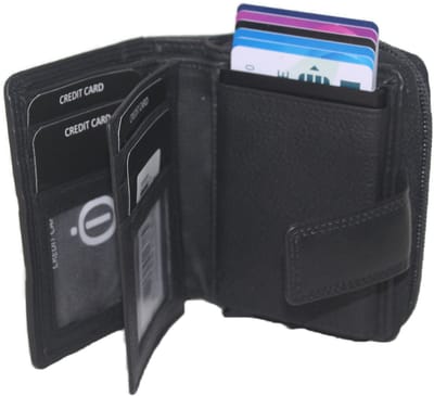 OI zwarte leren ritsportemonnee met cardprotector / portemonnee met Figuretta pasjeshouder en ruim ritsvak voor muntgeld / complete portemonnee met anti skim kastje / leren beurs met metalen pasjeshouder en rits / zwart leer / 147