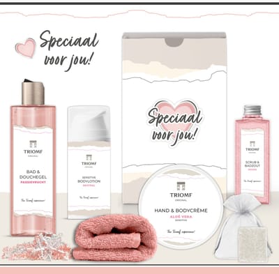 Geschenkset “Speciaal voor jou!” - 6 producten - 810 gram - Triomf Cosmetica | Giftset voor haar Luxe wellness cadeaubox Vrouw Moederdag Cadeau Set Valentijnsdag Geschenk Verjaardag Kerstpakket Cadeaupakket Kerst Gift Valentijn Vriendin Moeder Roze