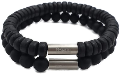 H-Beau - Duo – Cadeau - Set van 2 Handgemaakte Armbanden - Breedte: 8mm – Lengte: 20cm - Zwart - Mannen Armband - Natuurstenen - Natuurkralen - onyxsteen – Kokos – Hout - Kralen - RVS Kraal – Mat – Heren – Unisex - Geschenk