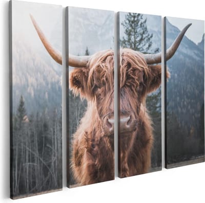 Artaza Canvas Schilderij Vierluik Schotse Hooglander Koe In De Bergen - 80x60 - Foto Op Canvas - Canvas Print