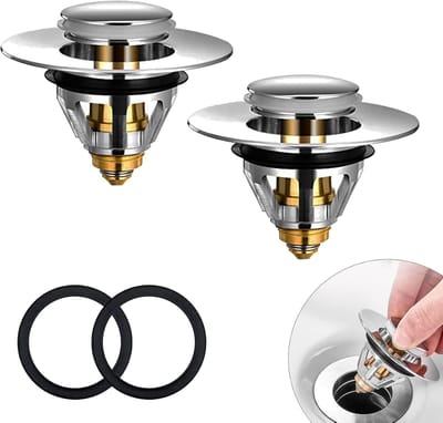 Pop-up stop, wastafel met anti-verstoppingszeef, universele afvoerzeef, wastafel, stopsluiting, afvoergarnituur voor opzetwastafel, afvoerstop voor badkuip (2 stuks, 34-38 mm)