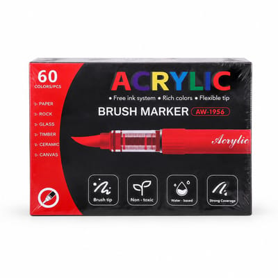 Acrylmarkerset - 60 kleuren met 60% extra inkt - waterbasis ronde punt 2.0 - voor schoolonderwijs en buiten tekenen - geschenkdoos met krimpfolie