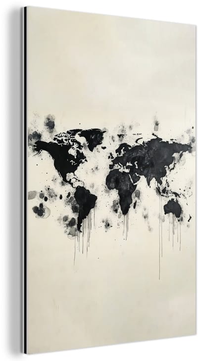 Aluminium schilderij 60x90 cm - Wanddecoratie metaal - Wereldkaart - Zwart - Inkt - Metalen muurdecoratie woonkamer - Decoratie industrieel - Foto op dibond - Industriële accessoires slaapkamer