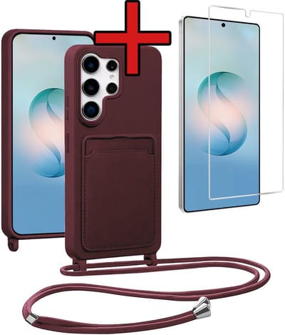 Hoesje Geschikt voor Samsung S26 Ultra Hoesje Siliconen Case Met Koord Met Screenprotector - Hoes Geschikt voor Samsung Galaxy S26 Ultra Hoesje Backcover Met Telefoonkoord - Aubergine