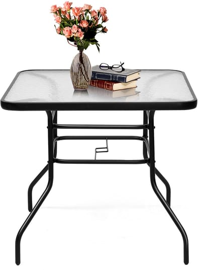 COSTWAY 80 cm Tuintafel, Rechthoekige metalen koffie/theetafel met gehard glazen blad en paraplugat, moderne klassieke stijl past bij elk decor, Buiten eettafel voor Patio, Tuin, Balkon, Achtertuin