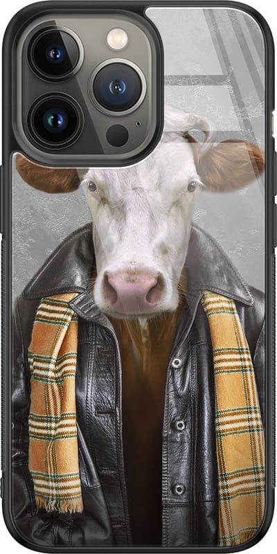 Hoesje geschikt voor iPhone 13 Pro - Koe - Luxe Glazen Hardcase - Hippe print - Grijs - Leuke Telefoonhoesjes