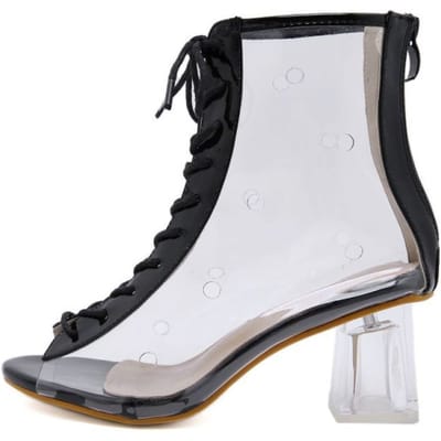 Sandales d'automne pour femmes, nouvelle mode, bouche de poisson, film transparent, lacets, fermeture éclair, sandales à talons mi-hauts, chaussures à talons carrés 37