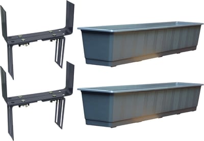 Set van 2 kunststof plantenbak antraciet grijs rechthoekig 80 cm met 4 verstelbare balkon/muurbeugels