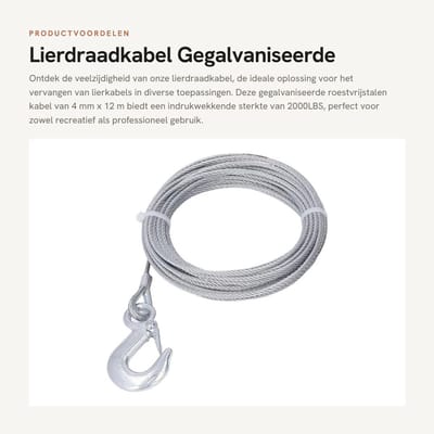 Dailygoods- Lierdraadkabel Gegalvaniseerd - Roestvrij Staal - 4 Mm X 12 M - 2000LBS Sterkte - Lierkabel Vervanging - Zelfsluitende Haak - Trekkabel