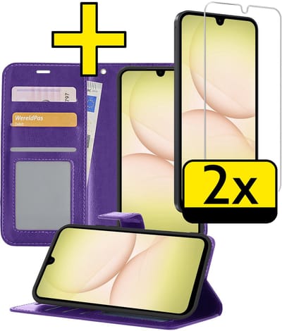 Hoesje - Met 2x Screenprotector - Geschikt voor Samsung Galaxy A17 - Luxe Pasjeshouder - Bookcase Portemonee - Flip Case - Kunstleer Book Case - Flipcase Hoes - Book Cover - Walletcase - Portemonneehoes - Telefoonhoesjes - Paars