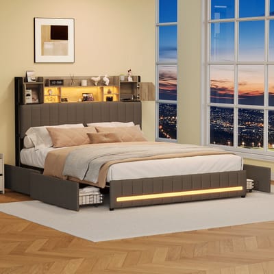 Gestoffeerd Tweepersoonsbed 160x200 cm Grijs Linnen – Met LED‑verlichting, USB‑poorten, 4 Opberglades, Lattenbodem, Rugleuning & Opbergruimte, Geschikt voor Jongeren, Zonder Matras