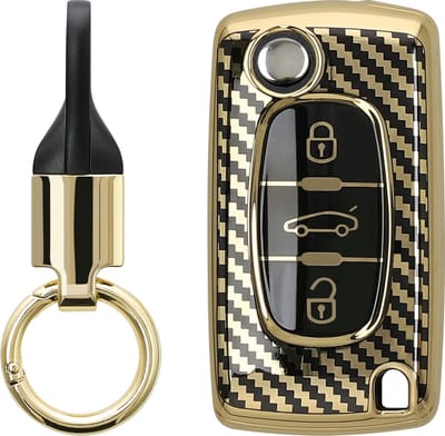 kwmobile autosleutel hoesje met sleutelring - geschikt voor Peugeot Citroen 3-knops autosleutel hoesje - Sleutel case met sleutelhanger - Metallic Carbon design in goud / zwart