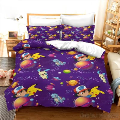 Pokemon Beddengoed Set Cartoon Anime Kinder Slaapkamer Dekbedovertrek Jongen Meisje Beddengoed Enkel Dubbel King Pikachu Dekbedovertrek Cadeau EU Single(135*200cm)3pcs
