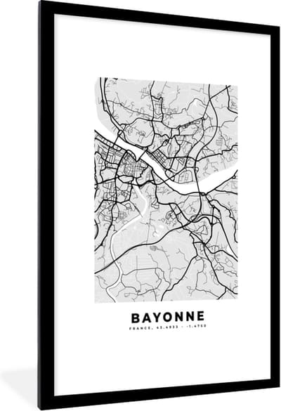 Fotolijst incl. Poster - Kaart - Stadskaart - Bayonne - Plattegrond - Frankrijk - 80x120 cm - Posterlijst