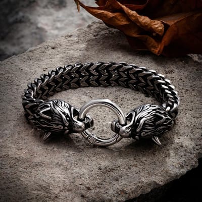 Viking Keltische Wolf Armbanden Mannen Roestvrij Staal Gaas Ketting Armband Punk Noorse Wolfskop Amulet Scandinavische Sieraden Mannen Geschenken 21cm gray