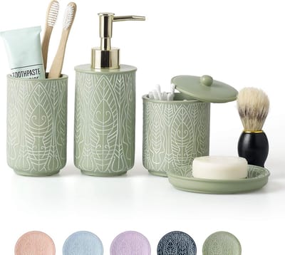 Famanu - Premium pastelgroene badkameraccessoireset, groen, boho-decor. Accesorios para Baños. Nieuwe essentiële appartementen. Groene tandenborstelhouder en zeepdispenser.
