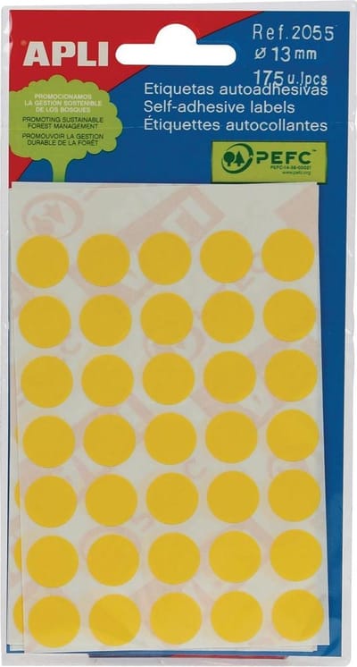 Apli ronde etiketten in etui diameter 13 mm, geel, 175 stuks, 35 per blad (2055)