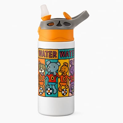 Kleurrijke Popart Drinkfles – Stijlvolle Drinkfles voor Kunstliefhebbers en Design Fans - Waterfles voor kinderen (wit/oranje)