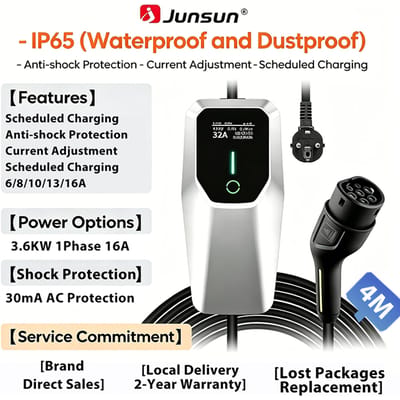 Junsun Type 2 Draagbare EV-lader 6A 8A 10A 13A 16A 20A 24A 32A Stroomregelbaar IP65 1 & 3 Fase Waterdicht 3 6KW 7KW 11KW 22KW Compatibel met geplande laadfunctie Touchscreen bedieningspaneel 2 jaar