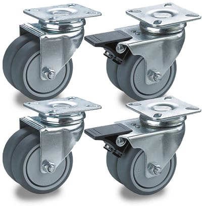 Set Dubbele Zwenkwielen - Wielen met Plaat - Lichte Industrie - TPR Rubber Geen Sporen - 50 mm Diameter - Donkergrijs