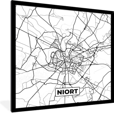 Fotolijst incl. Poster Zwart Wit- Stadskaart - Plattegrond - Kaart - Frankrijk - Niort - Zwart wit - 40x40 cm - Posterlijst