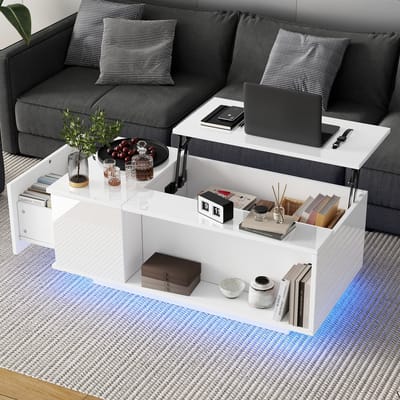 100x50x40 cm verstelbare hoogte salontafel met opbergruimte - bijzettafel met LED-verlichting - woonkamer tafel met lade - wit