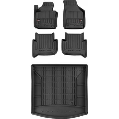 Frogum ProLine Complete Set: Luxe Rubberen Automatten + Kofferbakmat - Geschikt voor VOLKSWAGEN Touran II 2010-2015 - 7-Persoons (3e rij ingeklapt) - Perfecte Pasvorm - Geurloos TPE - Zwart