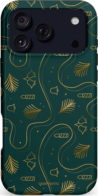 Casetastic hoesje geschikt voor Apple iPhone 17 Pro Max - MagSafe - Dubbellaagse bescherming - Groene kerst bellen en takken - Fashion Case - Donkergroen Donkergrijs Petrol