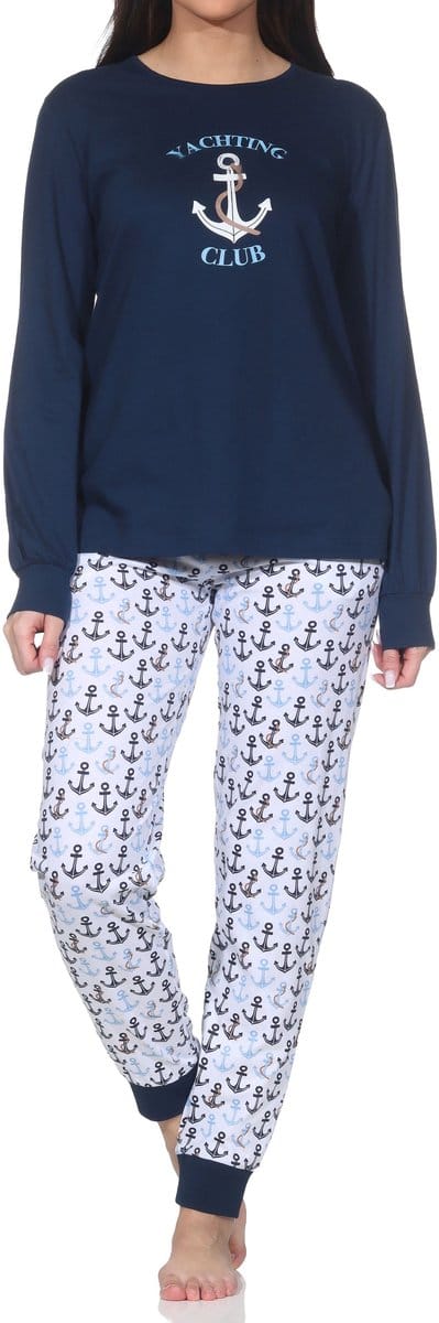 Lange Normann damespyjama met manchetten in nautische look - ook in grote maten