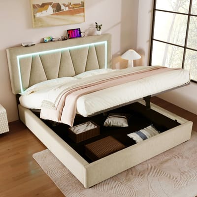 VVBV Opbergbed Gestoffeerd 160x200 cm - Opbergruimte, USB, Lattenbodem, Voor Kinderen/Tieners - Linnen - Zonder Matras