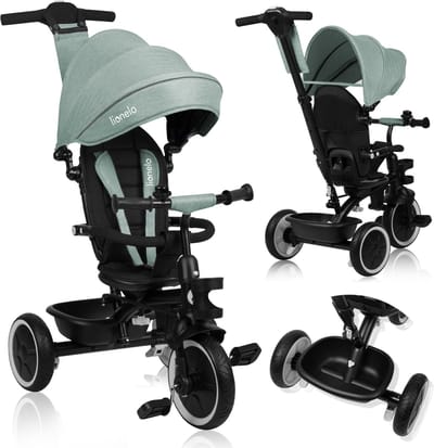 Lionelo Berry Driewieler 2in1 - tot 25kg - 360° draaibare stoel - Wandelwagen & fiets in één - PU wielen - Vrijloopwiel - Verstelbare duwstang - Zon- & regenkap - Groeit met het kind mee - Zonder gereedschap te monteren