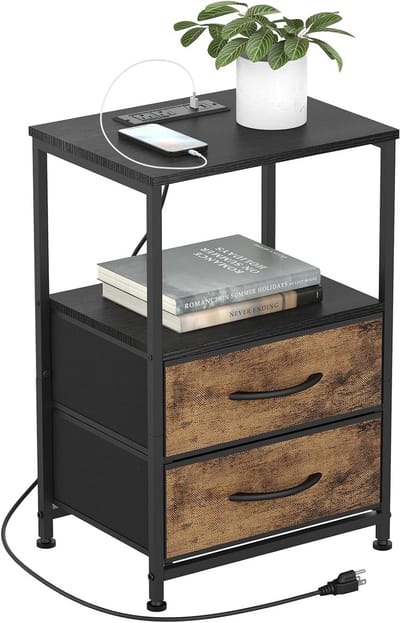 Zwart Nachtkastje met USB & Stopcontact | Moderne Bijzettafel met 2 Stoffen Lades