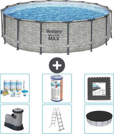 Bestway Rond Steel Pro MAX Zwembad - Steenprint - 488 x 122 cm - Inclusief Pomp - Ladder - Afdekzeil Onderhoudspakket - Filter - Vloertegels