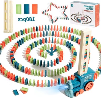 Educatief Domino Trein Speelgoed met 180 Stukken Bouwblokken - Automatische Trein met Geluid voor Kinderen vanaf 3 Jaar - Stapelen en Constructie Spelletjes