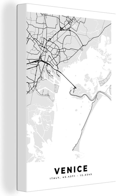 Canvas Schilderij Kaart - Venetië - Zwart Wit - Stadskaart - Plattegrond - 20x30 cm - Wanddecoratie