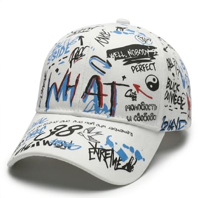 Wit graffiti print baseball pet dames en heren – cap met tekst en street art patroon – verstelbare hip hop baseball pet met gebogen klep – witte casual pet voor streetwear en dagelijks gebruik