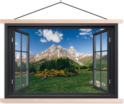 Posterhanger incl. Poster 150x100 cm - Schoolplaat - Doorkijk - Natuur - Berg - Textielposter - Blanke latten