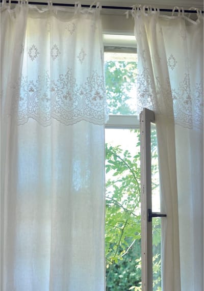 Gordijn | Audrey - Geborduurd Kant - Golvende Rand & Velvet Linten - Gebroken Wit - 160x80 cm - Pimlico