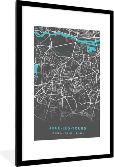 Fotolijst incl. Poster - Joué-lès-Tours - Frankrijk - Plattegrond - Kaart - Stadskaart - 60x90 cm - Posterlijst