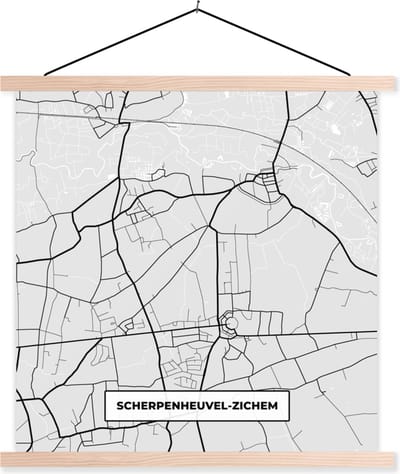 Posterhanger incl. Poster 40x40 cm - Schoolplaat - Stadskaart – Plattegrond – België – Zwart Wit – Scherpenheuvel Zichem – Kaart - Textielposter - Blanke latten - Stadskaart