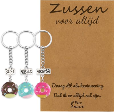 BFF Sleutelhanger voor 3 'Zussen voor altijd' - Donuts - Sleutelhanger set op Cadeau Kaartje Sleutelhanger set - Zilverkleurig - Vriendschap Symbool - Pax Amare