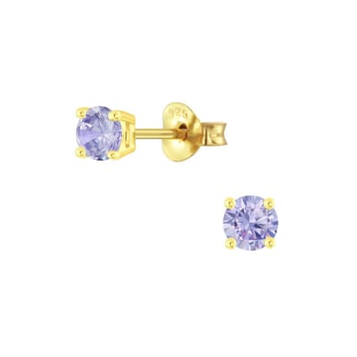 Joy|S - Zilveren 4 mm rond oorbellen - zirkonia lavendel - gold plated