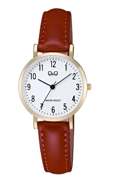Q&Q C66A-002PY - Horloge - Polshorloge - Analoog - Dames - Vrouwen - Leren band - Rond - Metaal - Cijfers - LichtBruin - Goudkleurig - Wit