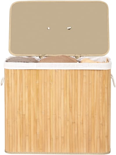 SONGMICS - Wasmand - Wasmand met Deksel - 3 Vakken - Uitneembare en Wasbare Waszak - Bamboe - Voor Wasruimte