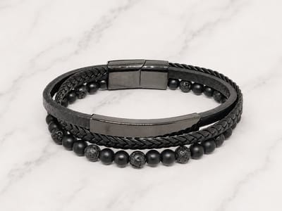 Mei's - Hide Onyx Leather - armband heren - leer/RVS zwart - polsmaat 18 cm
