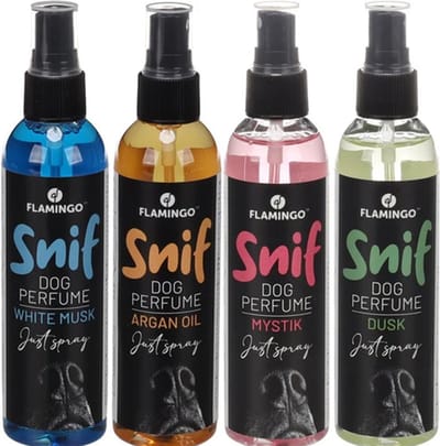 Flamingo Snif Hondenparfum - 4 geuren - White Musk - Mystik - Arganolie - Dusk - 120 ml