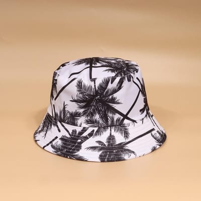 Chapeau de pêcheur style bohème fashion Chapeau de soleil décontracté léger Impression de cocotier Protection UV Chapeau seau Mode white