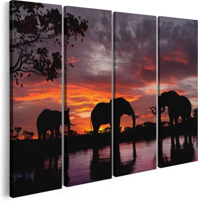 Artaza Canvas Schilderij Vierluik Olifanten Tijdens Zonsondergang - Silhouet - 160x120 - Groot - Foto Op Canvas - Canvas Print